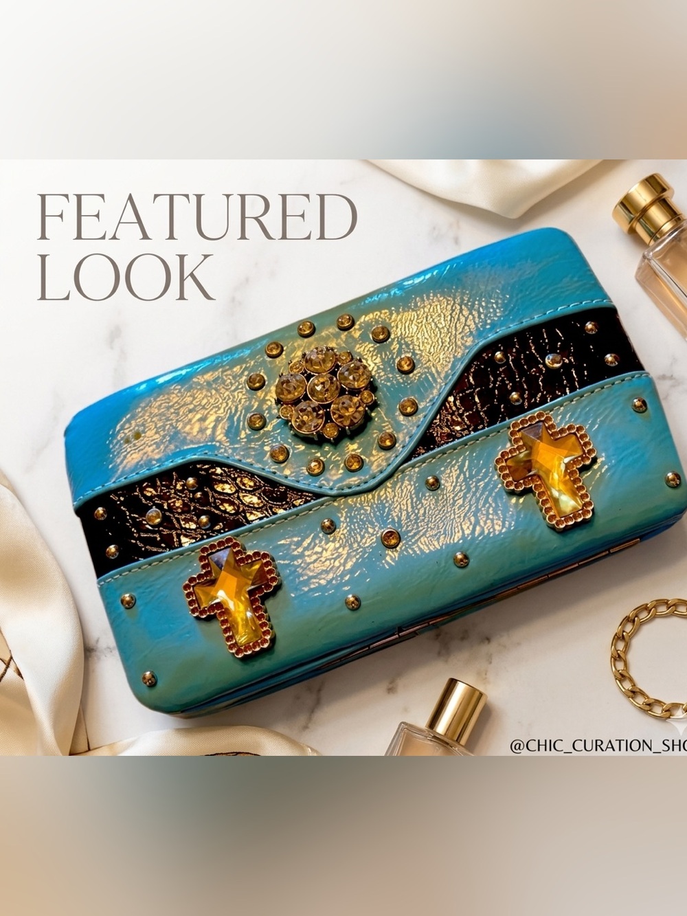 Y2K Jewels Sky Blue/Turquoise color rhinestone & stud embellished clutch EUC